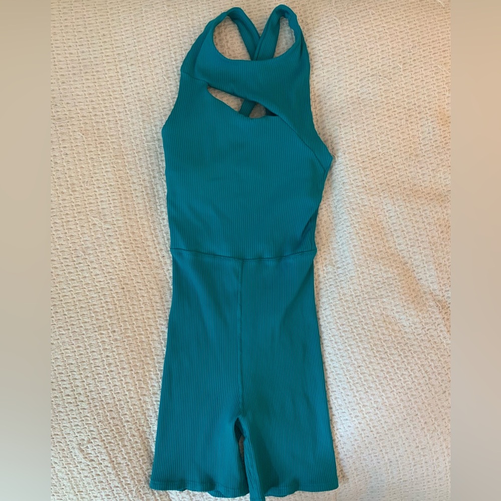 Free People x Carbon38 Cutout Short Ribbed Blue Onesie Romper Yoga Set